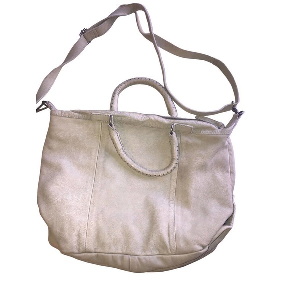 Free People Handbags - Free People Light Gray Jackson Distressed Oversized Pebbled Leather Satchel Bag